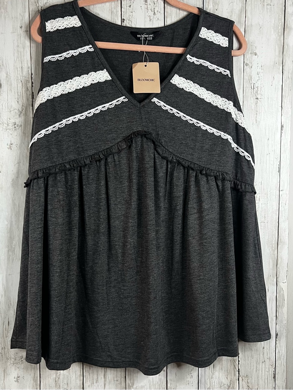 BloomChic Charcoal Sleeveless V-Neck Tank with White Lace Trim
